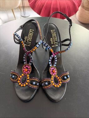 Loriblu Bijoux Black Jeweled T-Strap Heels - Multicolor Crystal Accents